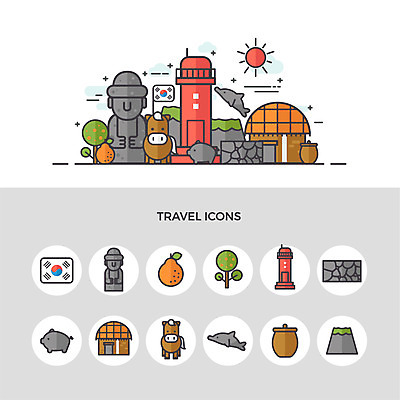 나무 아이콘 여행 산 등대 초가집 사람없음 세트 제주도 말_동물 항아리 태극기 돌하르방 돌고래 돌벽 한라봉 흙돼지 2D아이콘 AI파일 식물 벽 과일 포유류 한옥 한국 수중동물 돼지 도자기 국기 파일형식 벡터