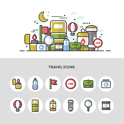 아이콘 여행 가방 돋보기 사람없음 물 세트 금지 열기구 깃발 랜턴 구급상자 통조림 라이터 침낭 2D아이콘 AI파일 자연요소 잡화 항공교통 조명 의료용품 파일형식 벡터