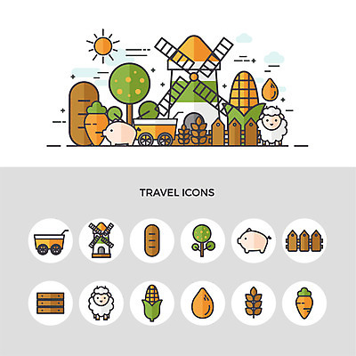 나무 아이콘 여행 옥수수 씨앗 사람없음 울타리 세트 농장 수레 당근 풍차 벼 농촌 양 돼지 바게트 나무상자 2D아이콘 AI파일 식물 빵 농업 포유류 곡류 뿌리채소 담장 상자 카트 시골 파일형식 벡터