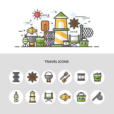 아이콘 여행 등대 어류 사람없음 세트 뜰채 그물 낚시용품 솥 양동이 키_배핸들 미끼 낚시찌 낚시의자 패들 2D아이콘 AI파일 의자 주방용품 낚시 수중동물 핸들 노_배의노 파일형식 벡터