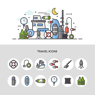 아이콘 여행 낚시 어류 사람없음 세트 랜턴 조끼 낚시용품 오징어 튜브 바다낚시 낚시줄 보온병 낚시찌 선박 2D아이콘 AI파일 수상교통 레저 조명 연체동물 수중동물 외투 파일형식 벡터