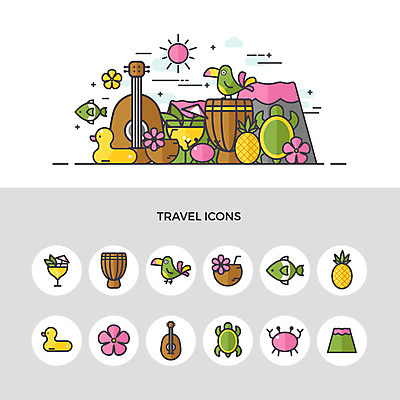 아이콘 꽃 여행 산 어류 사람없음 세트 게 기타 거북이 샴페인 파인애플 하와이 앵무새 코코넛 튜브 젬베 2D아이콘 AI파일 식물 악기 과일 파충류 조류 현악기 주류 갑각류 미국 수중동물 열대과일 파일형식 벡터
