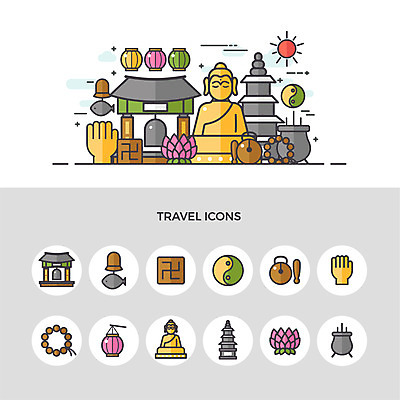 아이콘 종교 여행 불교 연꽃 사람없음 세트 탑 사찰 촛대 부처 연등 염주 목탁 2D아이콘 AI파일 건축물 꽃 종교건축 등불 불교용품 파일형식 벡터