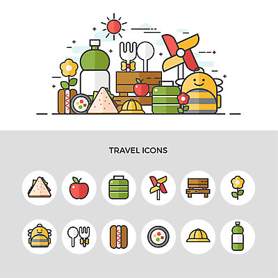 아이콘 꽃 음료 여행 포크 벤치 샌드위치 사람없음 세트 소풍 캐리어 숟가락 사과 바람개비 김밥 핫도그 아기가방 유치원모자 2D아이콘 AI파일 식물 모자_잡화 식기 음식 의자 가방 과일 패스트푸드 수저 야외활동 여행가방 파일형식 벡터
