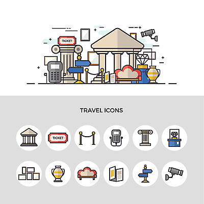 아이콘 여행 액자 안내 팜플렛 사람없음 세트 소파 기계 전시 문화재 표지판 티켓 전시회 박물관 감시카메라 안내방송 전시품 2D아이콘 AI파일 의자 알림판 카메라 파일형식 벡터