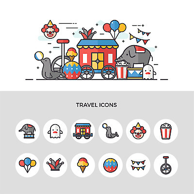 아이콘 여행 공 아이스크림 코끼리 사람없음 세트 피에로 유령 서커스 물개 팝콘 풍선 가랜드 모자가게 삐에로복장 외발자전거 2D아이콘 AI파일 포유류 디저트 상점 자전거 바다동물 파티용품 파일형식 벡터