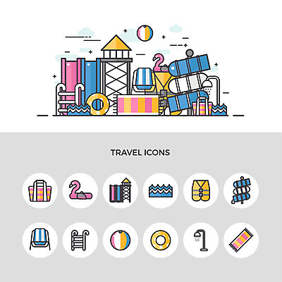 아이콘 여행 가방 사다리 수영장 사람없음 세트 수건 비치볼 선베드 샤워기 구명조끼 튜브 워터슬라이드 워터파크 파도풀 2D아이콘 AI파일 잡화 의자 공 바캉스용품 위생용품 도구 구조용품 파일형식 벡터