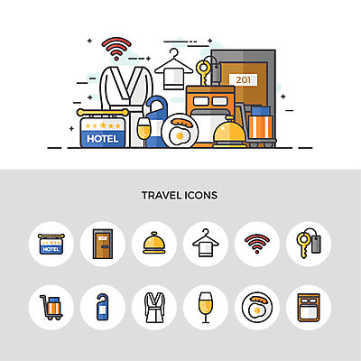 아이콘 여행 호텔 열쇠 사람없음 세트 수건 문 짐 종 침대 가운 소시지 옷걸이 샴페인 와이파이 브런치 2D아이콘 AI파일 옷 가구 숙소 주류 위생용품 식사 가공식품 무선인터넷 파일형식 벡터