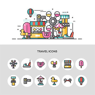 아이콘 여행 오리 사람없음 세트 놀이공원 열기구 머리띠 놀이기구 회전목마 캠코더 막대아이스크림 범퍼카 솜사탕 포장마차 2D아이콘 AI파일 장신구 항공교통 조류 아이스크림 디저트 카메라 식당 테마파크 파일형식 벡터