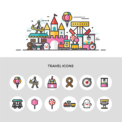아이콘 여행 사탕 사람없음 세트 놀이공원 기차 성 유령 놀이기구 다트 풍선 바이킹 솜사탕 인형뽑기 츄러스 포장마차 2D아이콘 AI파일 건축물 육상교통 놀이 디저트 대중교통 식당 테마파크 게임 파일형식 벡터