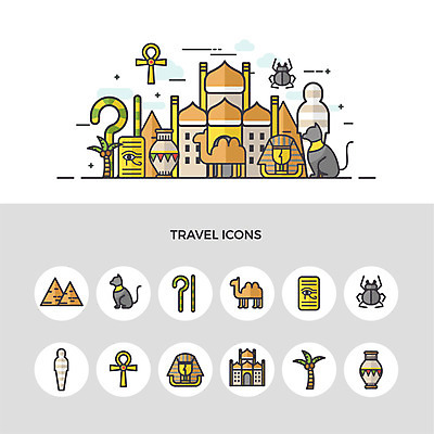 아이콘 문양 여행 이집트 사람없음 세트 야자수 궁전 사막 도자기 낙타 스핑크스 미라 2D아이콘 AI파일 나무 고건축 포유류 아프리카 파일형식 벡터