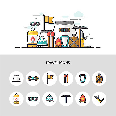 아이콘 여행 불 고글 털모자 사람없음 세트 등산 깃발 랜턴 물통 톱 곡괭이 다용도칼 로프고리 성냥개비탑 히말라야 2D아이콘 AI파일 자연요소 모자_잡화 조명 트래킹 공구 칼 파일형식 벡터 산맥