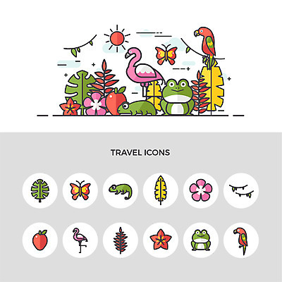 아이콘 꽃 여행 나비 잎 개구리 사람없음 세트 열대우림 플라밍고 열대식물 열대과일 앵무새 도마뱀 덩쿨나무 아열대식물 2D아이콘 AI파일 나무 식물 곤충 과일 파충류 조류 양서류 숲 파일형식 벡터