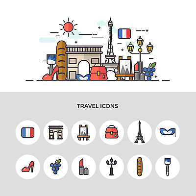 아이콘 구두 여행 가로등 포도 가면 사람없음 세트 립스틱 핸드백 프랑스 붓 바게트 에펠탑 이젤 그림 개선문 파리_프랑스 2D아이콘 AI파일 공공시설 유럽 빵 신발 가방 과일 화장품 미술도구 파리 랜드마크 파일형식 벡터