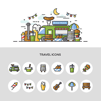 아이콘 음식 여행 벤치 생맥주 폭죽 사람없음 세트 치킨 기타 파라솔 꼬치 도시락 가랜드 야시장 음료수병 푸드트럭 치맥 2D아이콘 AI파일 의자 현악기 맥주 트럭 시장 파티용품 닭고기요리 병_담는 파일형식 벡터