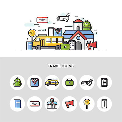 아이콘 교복 여행 학교 버스 비행기 책가방 사람없음 책 세트 확성기 표지판 도시락 셔틀버스 수학여행 출석부 학비 2D아이콘 AI파일 옷 교육 음식 육상교통 가방 항공교통 대중교통 알림판 파일형식 벡터 비용 출석