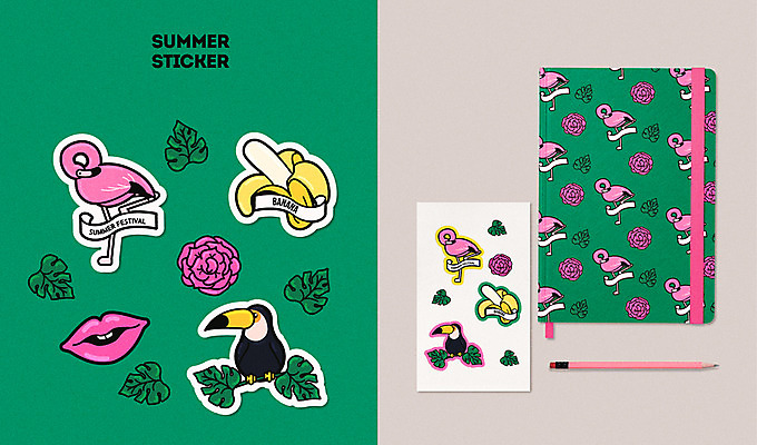 스티커 일러스트 나뭇잎 바나나 사람없음 여름 세트 연필 다이어리 공책 플라밍고 앵무새 패키지 입술모양 목업 아기자기 키치 국내일러스트 AI파일 모양 계절 컨셉 잎 과일 조류 문구용품 학용품 필기구 사무용품 파일형식 벡터