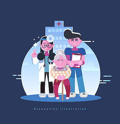 전신 직업 여자 노년 남자 일러스트 청진기 지팡이 병원 서기 미소 사람 성인 세명 간호사 의사 서류판 국내일러스트 AI파일 의학 의료기기 모션 표정 사무용품 의료진 파일형식 벡터