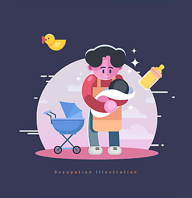 전신 직업 남자 일러스트 안기 사람 성인 두명 앞치마 육아 아기 젖병 유모차 보모 포대기 아이돌봄 돌보미 국내일러스트 AI파일 모션 아기용품 파일형식 벡터 돌봄서비스