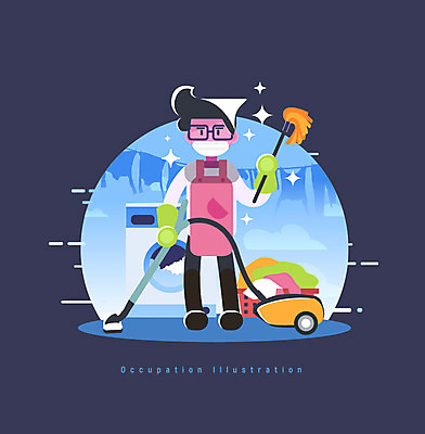 전신 직업 남자 가사 일러스트 두건 한명 사람 성인 앞치마 빨래 청소 청소기 세탁기 청소부 살림 국내일러스트 AI파일 1 전자제품 가전제품 청소도구 파일형식 벡터