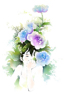 PSD 여자 꽃 일러스트 캘리그라피 한명 사람 상반신 성인 주먹 얼굴가리기 국내일러스트 식물 1 모션 가림 파일형식