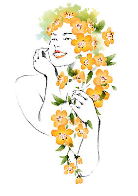 PSD 여자 일러스트 캘리그라피 한명 미소 사람 상반신 성인 잡기 꽃가지 국내일러스트 1 꽃 모션 표정 나뭇가지 파일형식