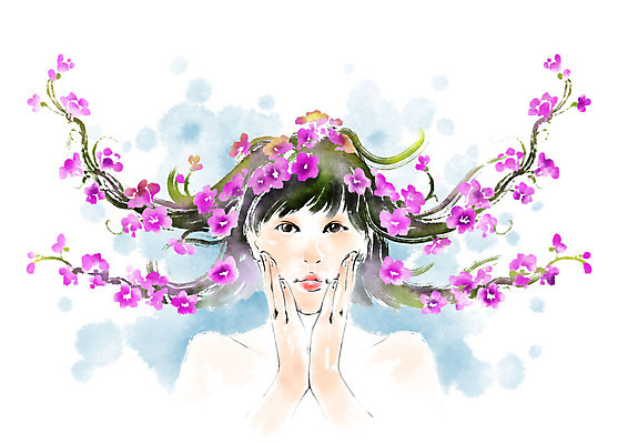 PSD 여자 꽃 일러스트 캘리그라피 한명 사람 상반신 성인 만지기 볼 국내일러스트 식물 1 모션 신체부위 파일형식