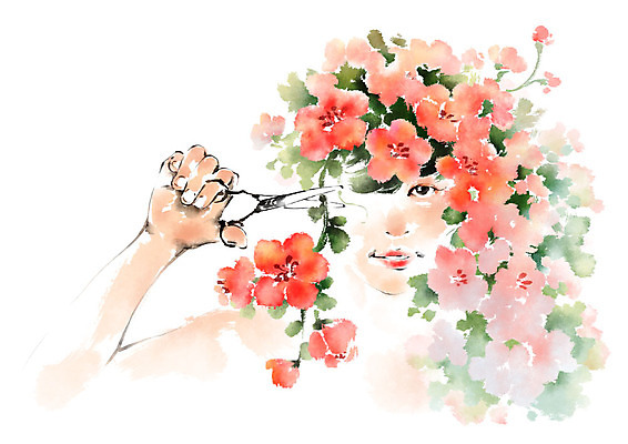 PSD 여자 꽃 일러스트 캘리그라피 한명 사람 상반신 성인 자르기 미용가위 국내일러스트 식물 1 모션 가위_도구 미용용품 파일형식