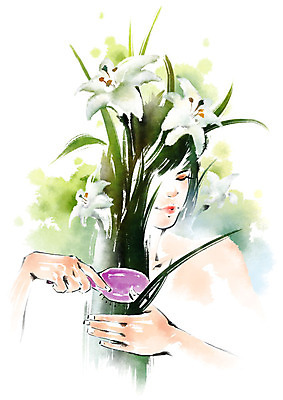 PSD 여자 꽃 일러스트 캘리그라피 한명 사람 상반신 성인 머리빗 난초 국내일러스트 식물 1 미용용품 파일형식