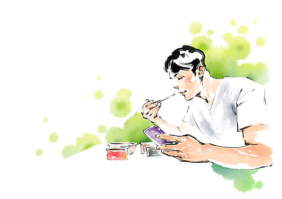 PSD 응시 남자 음식 일러스트 캘리그라피 젓가락 탁자 한명 사람 상반신 성인 스마트폰 먹기 싱글라이프 성인남자한명만 혼족 국내일러스트 1 라이프스타일 시선 가구 모션 수저 핸드폰 스마트기기 남자한명만 성인남자만 파일형식