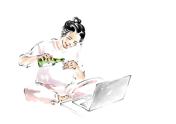 전신 PSD 여자 일러스트 캘리그라피 한명 미소 사람 앉기 성인 노트북 붓기 소주 소주잔 싱글라이프 혼족 국내일러스트 1 라이프스타일 술잔 모션 주류 표정 전자제품 파일형식