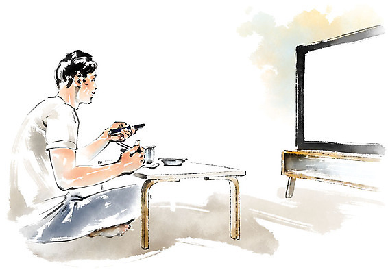 전신 PSD 응시 남자 일러스트 캘리그라피 젓가락 탁자 한명 사람 앉기 성인 텔레비전 냄비 리모컨 싱글라이프 성인남자한명만 국내일러스트 1 라이프스타일 시선 가구 모션 수저 전자제품 솥 남자한명만 성인남자만 파일형식