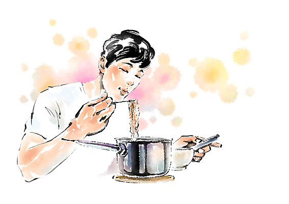 PSD 남자 일러스트 캘리그라피 한명 들기 사람 상반신 성인 라면 냄비 리모컨 싱글라이프 성인남자한명만 혼족 국내일러스트 1 라이프스타일 음식 모션 면류 솥 남자한명만 성인남자만 파일형식