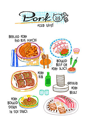 음식 일러스트 고추 돼지고기 사람없음 구이 삼겹살 쌈장 불판 소주 소주병 고기요리 장조림 김치찜 돼지갈비 매운돼지갈비찜 소주잔 편육 폭립 국내일러스트 AI파일 채소 술잔 술병 주류 육류 양념 찜 조림 파일형식 벡터