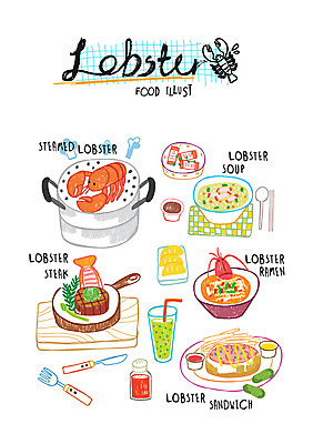 음식 일러스트 샌드위치 스테이크 사람없음 라면 바닷가재 랍스터찜 국내일러스트 AI파일 서양음식 면류 가재 파일형식 벡터