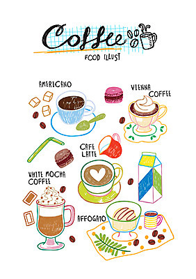 커피 음식 일러스트 사람없음 우유 아메리카노 마카롱 모카커피 비엔나커피 카페라떼 아포카토 국내일러스트 AI파일 음료 디저트 유제품 라떼 파일형식 벡터