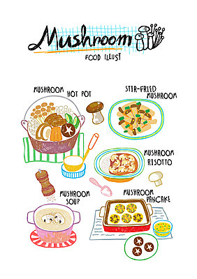 음식 일러스트 사람없음 버섯 국자 양송이 표고버섯 버섯볶음 팬케이크 리조또 버섯요리 버섯전골 새송이버섯 국내일러스트 AI파일 주방용품 케이크 볶음 전골 파일형식 벡터