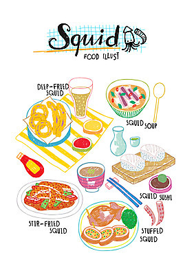 음식 일러스트 사람없음 오징어 국 오징어덮밥 오징어순대 오징어초밥 오징어튀김 오징어회 국내일러스트 AI파일 연체동물 수중동물 초밥 회 튀김 덮밥 순대 파일형식 벡터