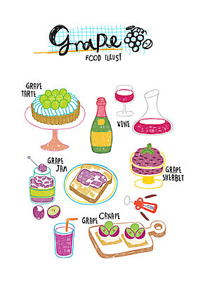 음식 일러스트 포도 사람없음 와인 잼 카나페 식빵 포도주스 셔벗 타르트 포도주병 국내일러스트 AI파일 빵 과일 디저트 주류 서양음식 소스_음식 과일주스 파이_빵 병_담는 파일형식 벡터