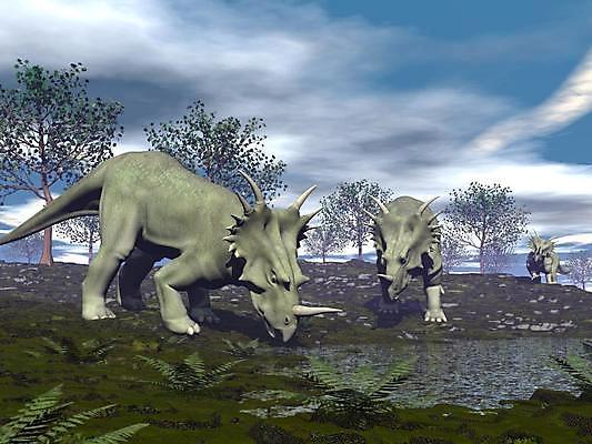 JPG 해외이미지 나무 구름 하늘 세마리 사람없음 그래픽 물 파란색 3D 공룡 트리케라톱스 해외202004 해외포토 포토 자연요소 식물 컬러 파충류 3 디지털합성 초식공룡 파일형식 이미지허브