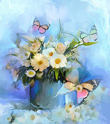 JPG 해외이미지 꽃 나비 일러스트 사람없음 꽃병 그림 손그림 유화 해외202004 해외일러스트 식물 곤충 미술 파일형식 이미지허브