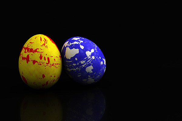 포토 JPG 해외이미지 계절 로우앵글 검은배경 선물 사람없음 컴퓨터그래픽 가로 파란색 빛 컬러풀 반사 노란색 3D 페인트 봄 두개 축하 디지털합성 부활절계란 복잡 해외202004 해외포토 뷰포인트 컬러 백그라운드 컨셉 2 부활절 그래픽 계란 검은색 파일형식 이미지허브