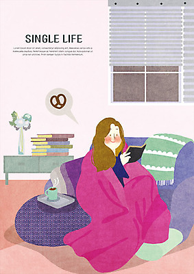PSD 여자 커피 일러스트 탁자 한명 사람 상반신 성인 소파 독서 이불 싱글 싱글라이프 국내일러스트 1 라이프스타일 음료 가구 의자 침구 파일형식
