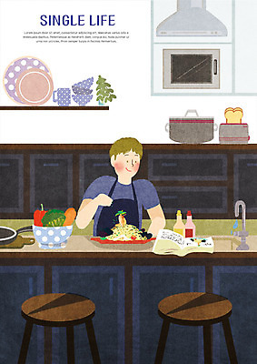 PSD 식기 남자 채소 의자 일러스트 파스타 요리 한명 사람 상반신 성인 소스 전자레인지 싱크대 싱글 토스트기 싱글라이프 국내일러스트 1 라이프스타일 가구 서양음식 가전제품 레인지 양념 개수대 파일형식