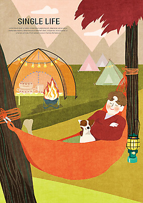 전신 PSD 한마리 남자 여유 일러스트 휴식 텐트 한명 사람 성인 야외 캠핑 랜턴 강아지 모닥불 싱글 해먹 반려 안식처 싱글라이프 국내일러스트 1 라이프스타일 감정 컨셉 불 레저 조명 캠핑도구 반려동물 침대 개 파일형식