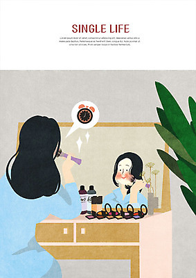 PSD 여자 일러스트 한명 사람 상반신 성인 화장품 거울 자명종 알람 싱글 화장대 싱글라이프 국내일러스트 1 라이프스타일 시계 가구 뷰티 파일형식