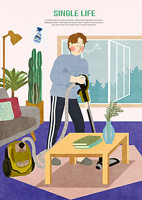 전신 PSD 남자 화분 일러스트 탁자 전등 한명 사람 성인 책 소파 꽃병 청소 싱글 청소기 싱글라이프 국내일러스트 1 라이프스타일 꽃 가구 의자 조명 전자제품 청소도구 파일형식