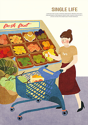 전신 PSD 여자 채소 과일 일러스트 한명 사람 성인 장보기 쇼핑카 싱글 마트 싱글라이프 국내일러스트 1 라이프스타일 쇼핑 상점 카트 파일형식