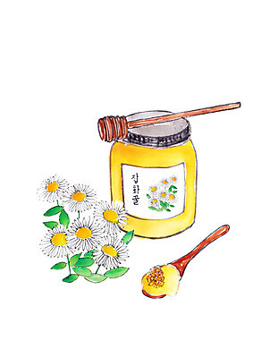 PSD 꽃 일러스트 캘리그라피 붓터치 사람없음 막대기 건강식품 꿀 꿀단지 나무스푼 국내일러스트 식물 음식 건강 나무숟가락 파일형식