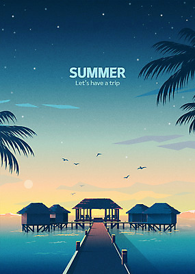 별 바다 여행 야경 여러마리 일러스트 갈매기 사람없음 여름 여름휴가 바캉스 야자수 일몰 수상가옥 가교 국내일러스트 AI파일 자연요소 나무 건축물 계절 다수 조류 휴가 주택 노을 야간 파일형식 벡터 여름_계절 풍경_경치